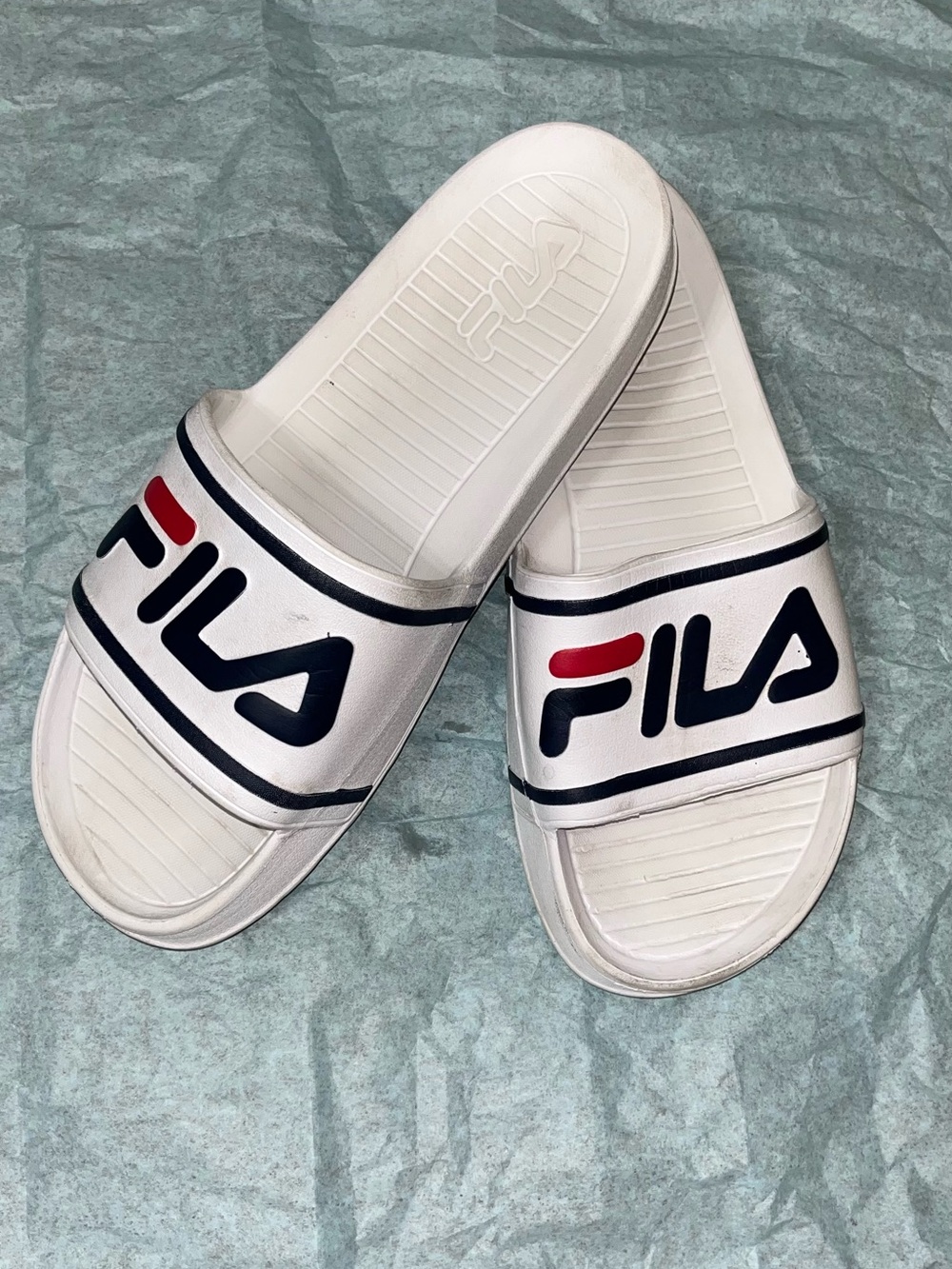 FILA White Slip-On Slides with Navy and Red Logo